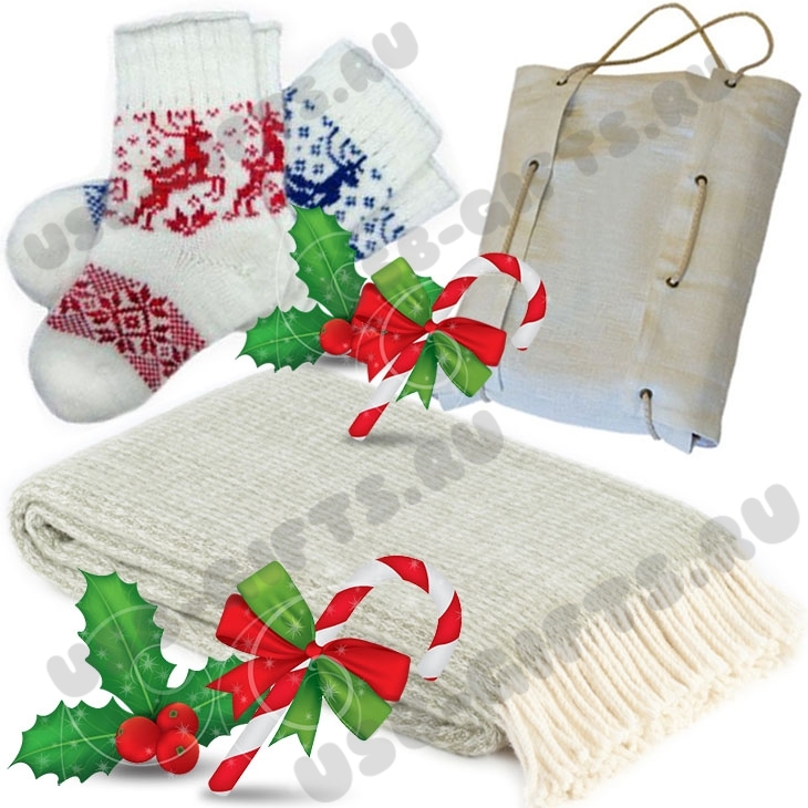 Подарочные наборы: плед, носки, упаковка (новогодние наборы с логотипом)